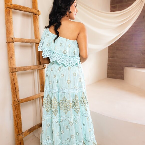 Boho Mint Green Maxi Dress Off Shoulder Ruffle Lace Print Smocked Waist‎ Size S - Picture 4 of 7